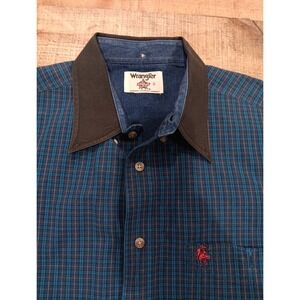 VTG Wrangler PBR Western Bull Rodeo Shirt Mens XL BlueDenim In Collar 2082